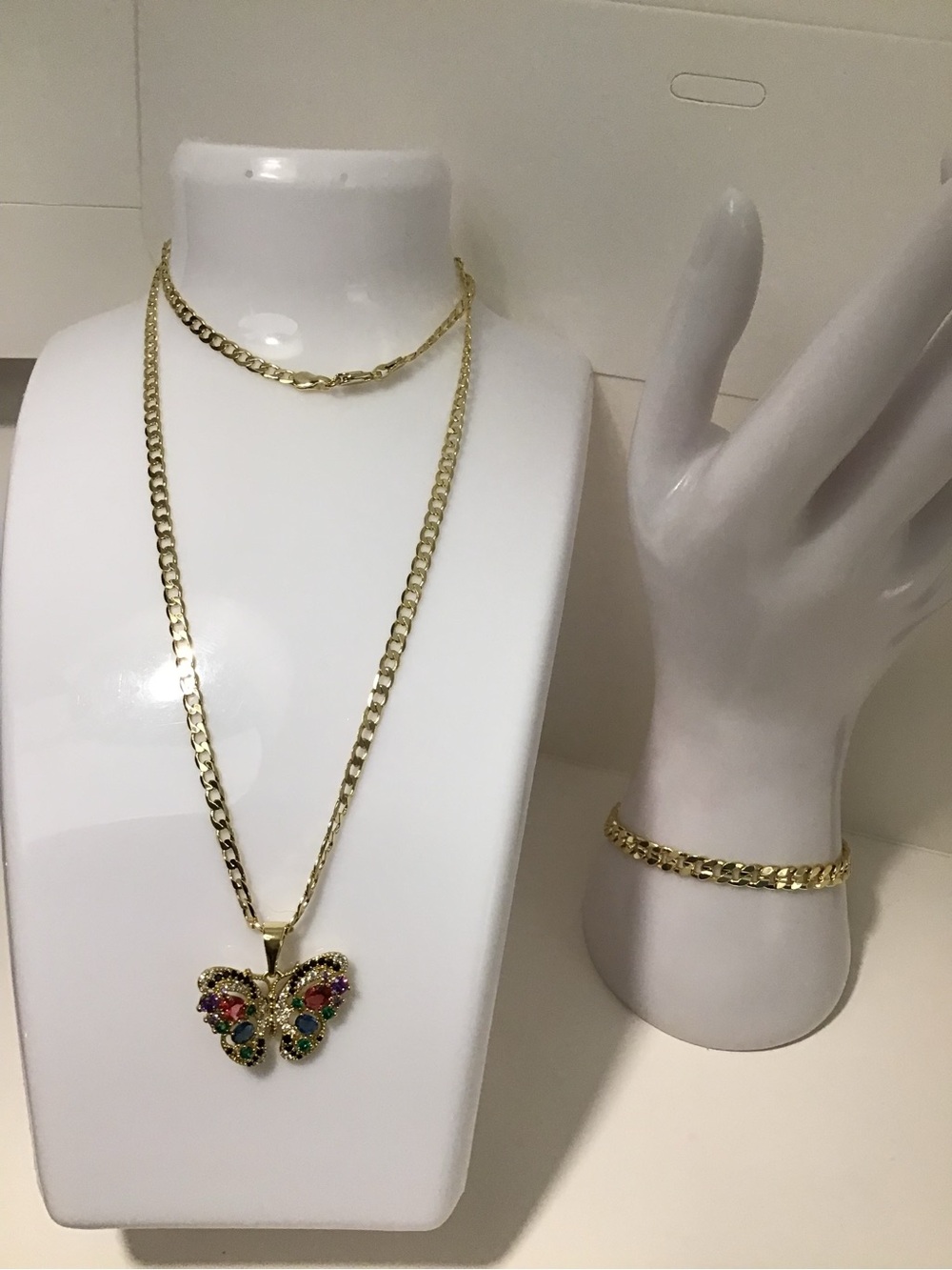 Gold-Tone Butterfly Pendant Necklace and Bracelet Set - Multicolor Stones